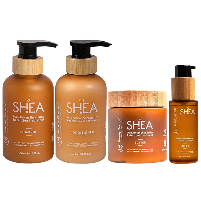 Beauty Garage Combo Pack of Shea Retention Treatment Shampoo (300ml), Retention Treatment Conditioner (300ml), Retention Treatment Butter (250ml) & Retention Treatment Hair Oil (50ml) - Nibasu