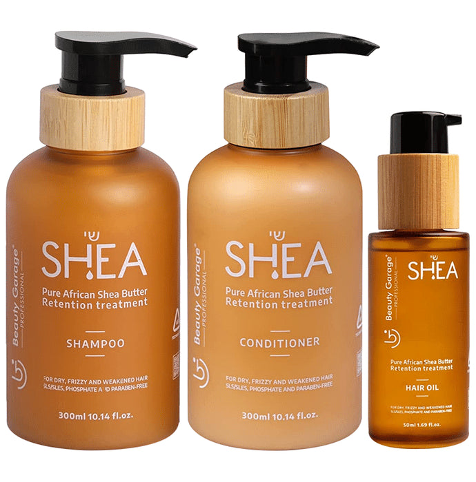 Beauty Garage Combo Pack of Shea Retention Treatment Shampoo (300ml), Retention Treatment Conditioner (300ml) & Retention Treatment Hair Oil (50ml) - Nibasu