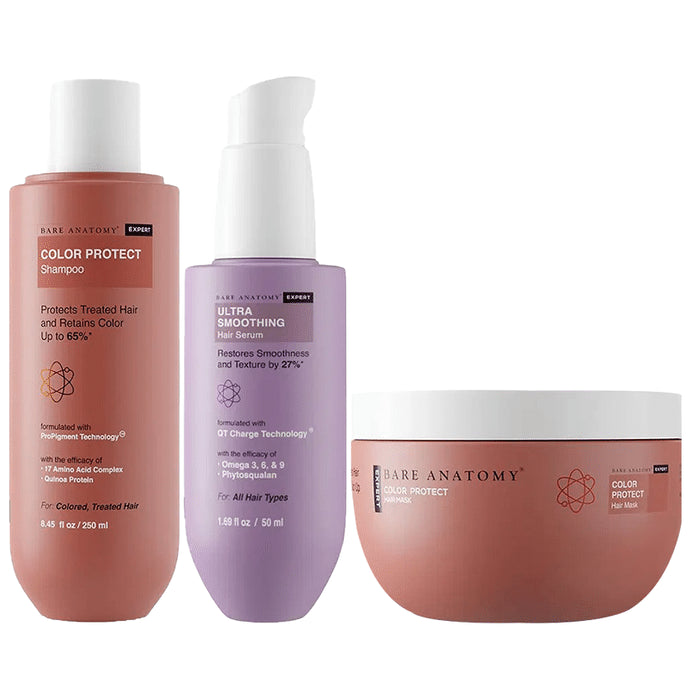 Bare Anatomy Combo Pack of Color Protect Shampoo (250ml), Ultra Smoothing Hair Serum (50ml) & Color Protect Hair Mask (250gm) - Nibasu
