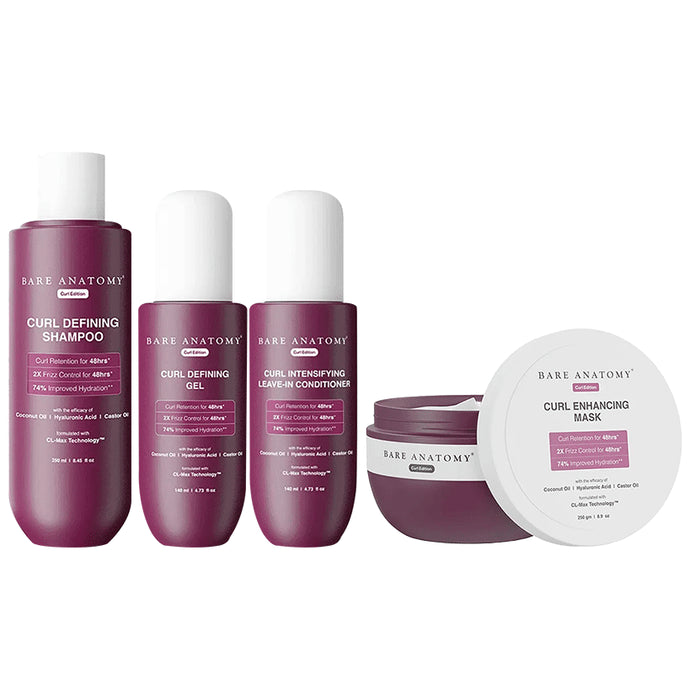 Bare Anatomy Combo Pack of Curl Defining Shampoo (250ml), Curl Defining Gel (140ml), Curl Intensifying Leave-In Conditioner (140ml) & Cure Enhancing Mask (250gm) - Nibasu