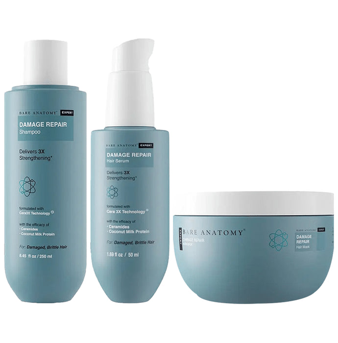 Bare Anatomy Combo Pack of Damage Repair Shampoo (250ml), Damage Repair Hair Serum (50ml) & Damage Repair Hair Mask (250gm) - Nibasu