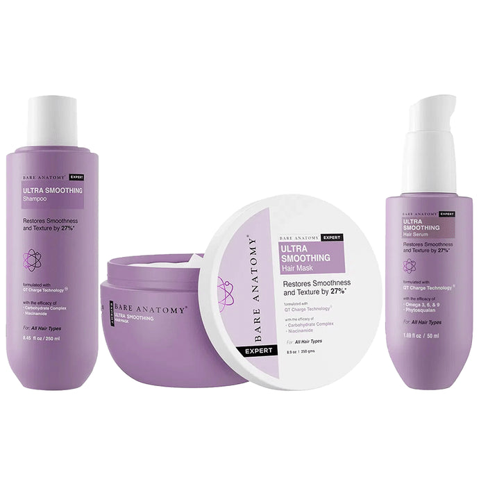Bare Anatomy Combo Pack of Ultra Smoothing Shampoo (250ml), Ultra Smoothing Hair Serum (50ml) & Hair Mask Ultra Smoothing (250gm) - Nibasu