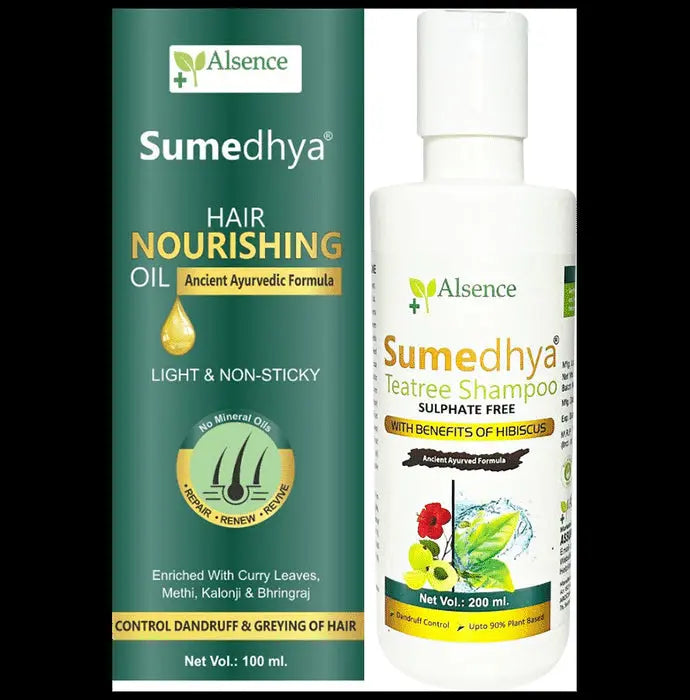 Alsence Combo Pack of Sumedhya Hair Nourishing Oil (100ml) and Sumedhya Teatree Shampoo (200ml) - Nibasu