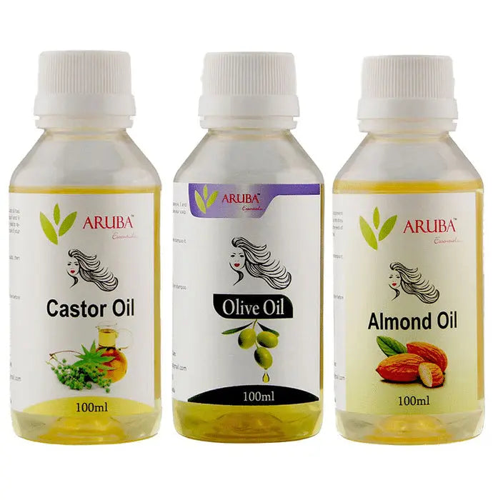 Aruba Essentials Combo Pack of Olive Oil 100ml, Castor Oil 100ml & Almond Oil 100ml - Nibasu