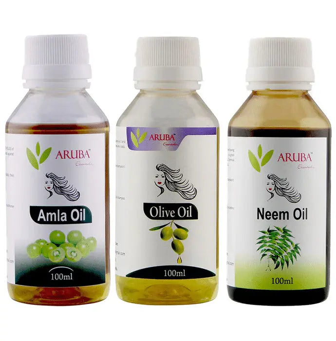 Aruba Essentials Combo Pack of Olive Oil, Amla Oil & Neem Oil (100ml Each) - Nibasu