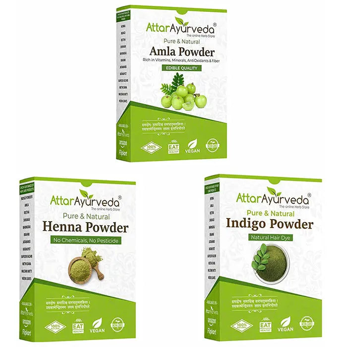 Attar Ayurveda Combo Pack of Pure & Natural Henna Powder (200gm), Pure & Natural Indigo Powder (200gm) & Pure & Natural Amla Powder (250gm) - Nibasu