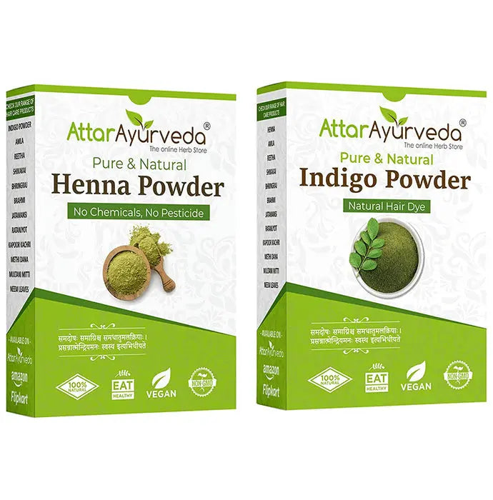 Attar Ayurveda Combo Pack of Pure & Natural Henna Powder and Pure & Natural Indigo Powder (200gm Each) - Nibasu
