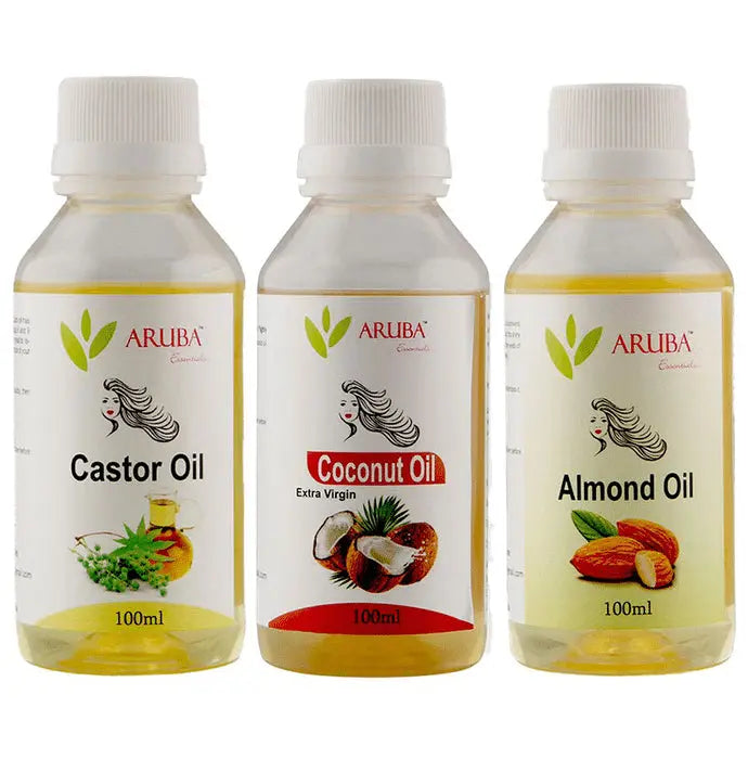 Aruba Essentials Combo Pack of Castor Oil, Coconut Oil & Almond Oil (100ml Each) - Nibasu