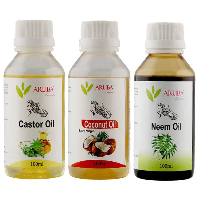 Aruba Essentials Combo Pack of Castor Oil, Coconut Oil & Neem Oil (100ml Each) - Nibasu