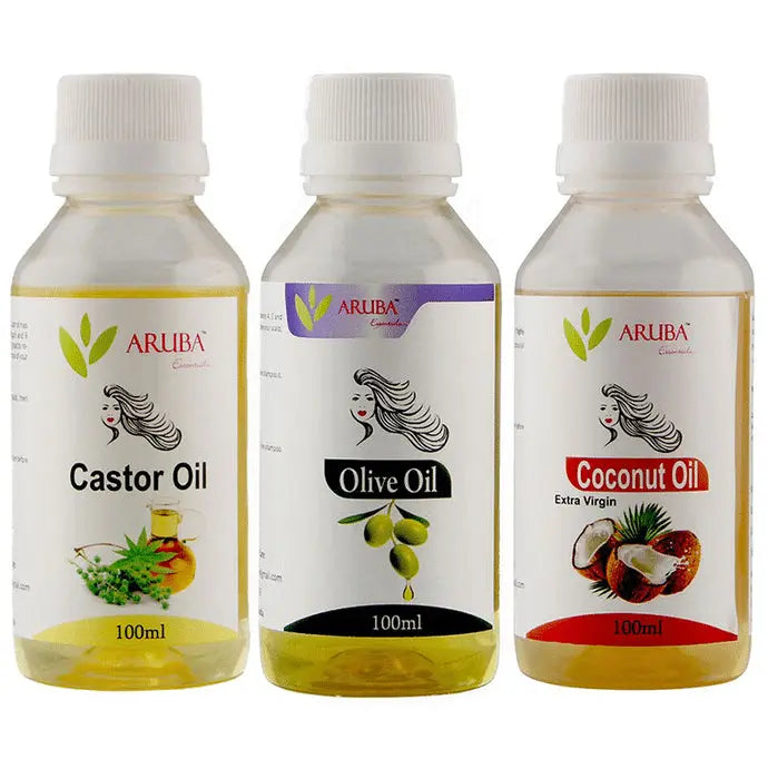 Aruba Essentials Combo Pack of Castor Oil, Coconut Oil & Olive Oil (100ml Each) - Nibasu