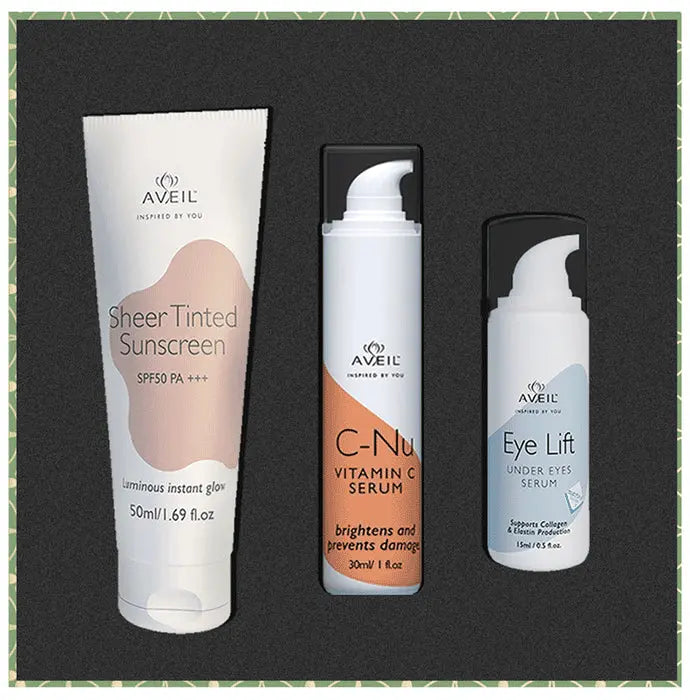 Aveil Combo Pack of Sheer Tinted SPF50 PA+++ Sunscreen 50ml, C-Nu Vitamin C Serum 30ml & Eye Lift Under Eye Serum 15ml - Nibasu