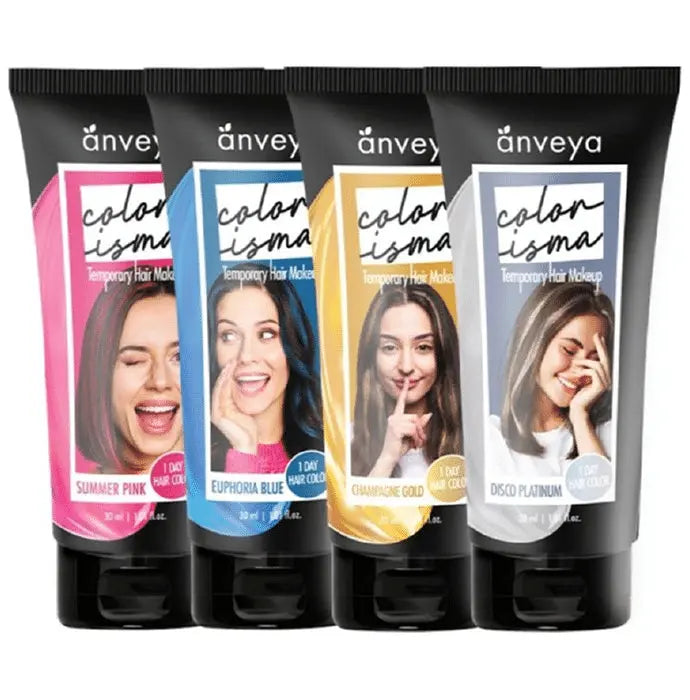 Anveya Colorisma 1 Day Temporary Hair Color (30ml Each) Euphoria Blue, Summer Pink, Champagne Gold & Disco Platinum - Nibasu