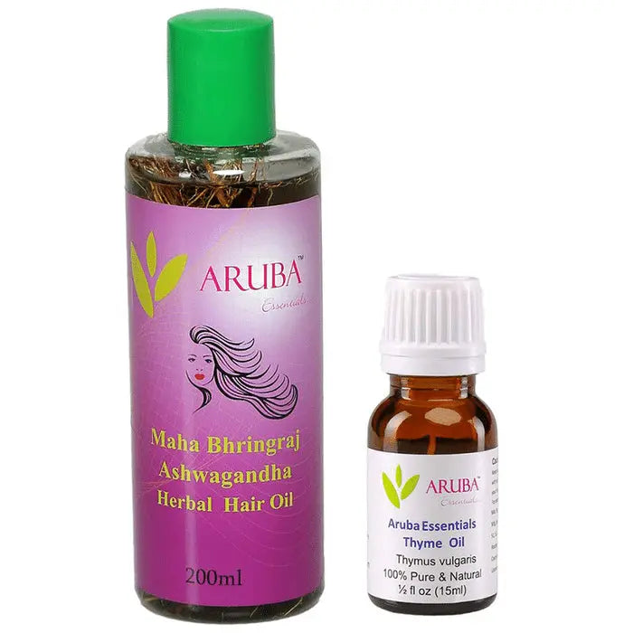 Aruba Essentials Combo Pack of Maha Bhringraj Ashwagandha Herbal Hair (200ml) & Thyme (15ml) Oil - Nibasu