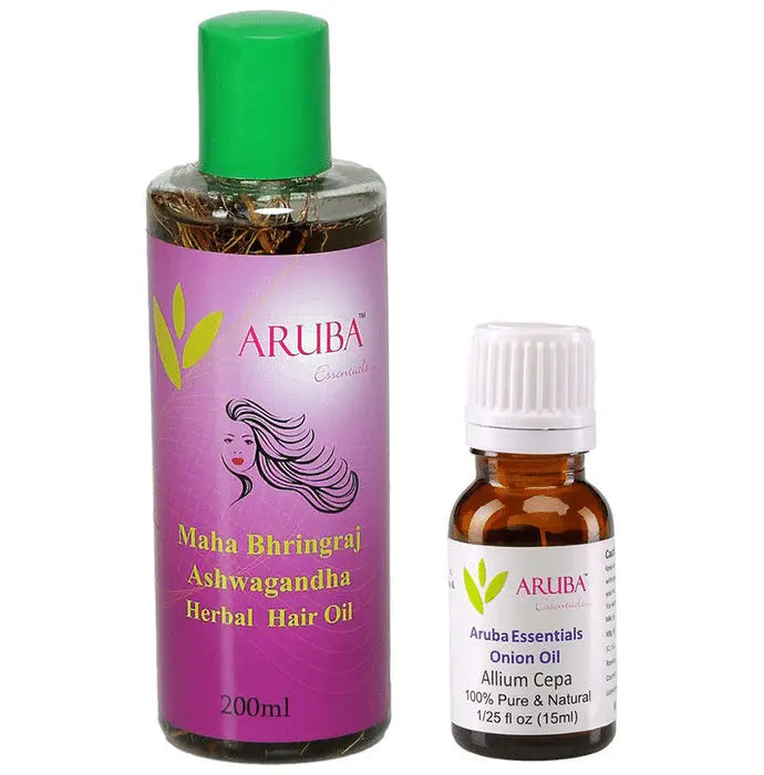 Aruba Essentials Combo Pack of Maha Bhringraj - Ashwagandha & Onion Herbal Hair OiI - Nibasu
