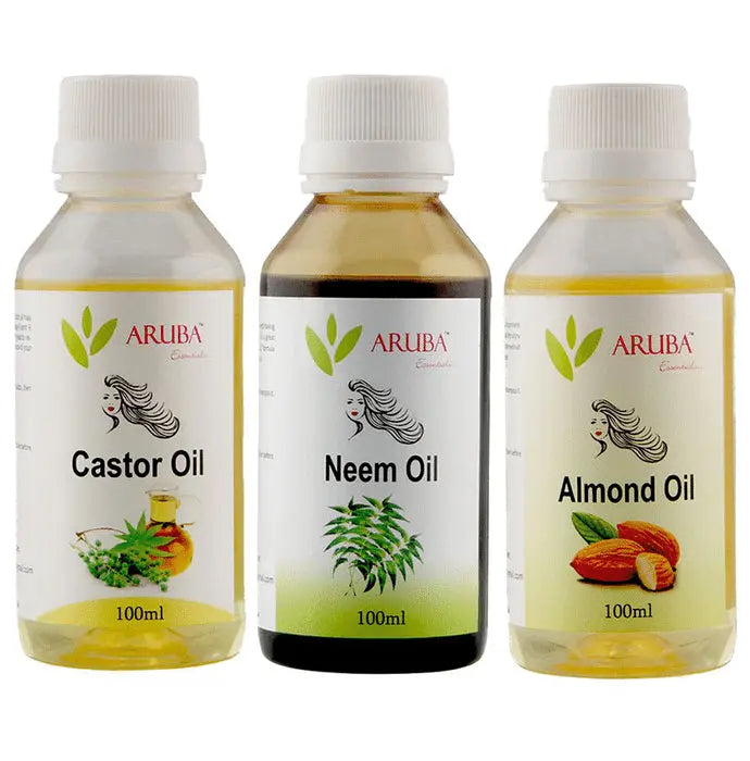 Aruba Essentials Combo Pack of Neem Oil 100ml, Castor Oil 100ml & Almond Oil 100ml - Nibasu
